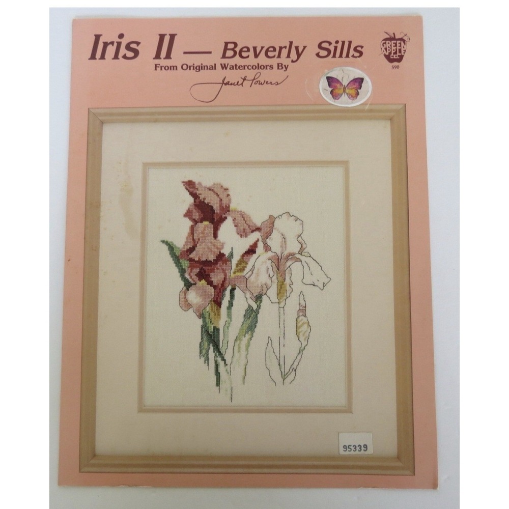Framed Cross Stitch Iris II Beverly Sills Janet Powers Floral Needlework 17x15 - Picture 7 of 9